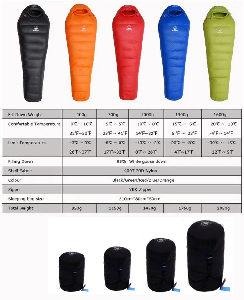 Light Weighted Thermal Mummy Style White Goose Down Sleeping Bag For All Seasons Travel
