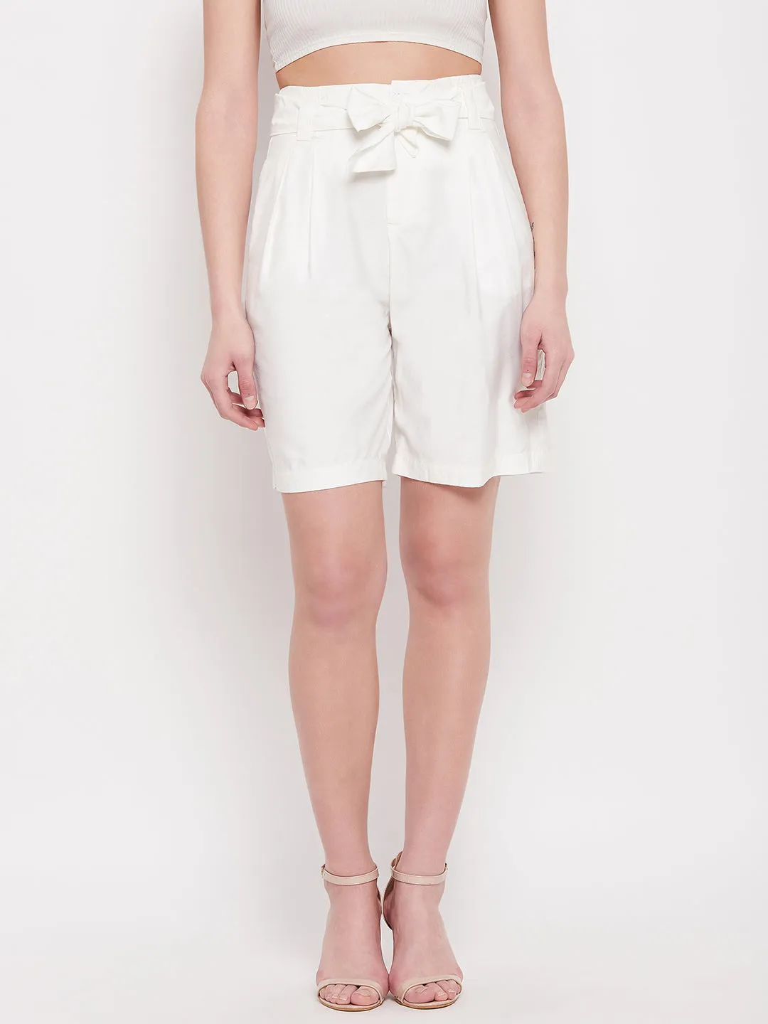 Madame Belted Solid White Shorts
