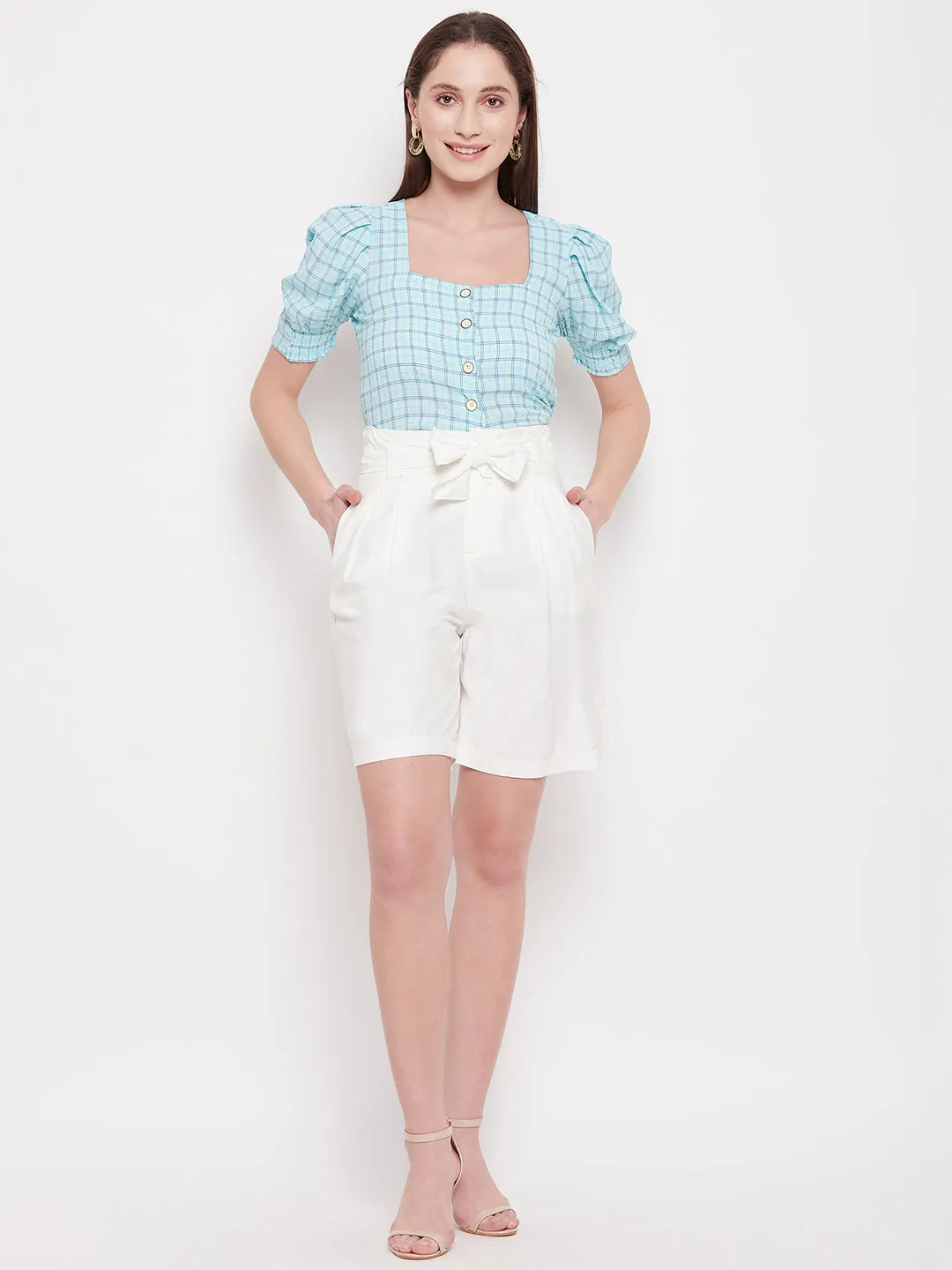 Madame Belted Solid White Shorts