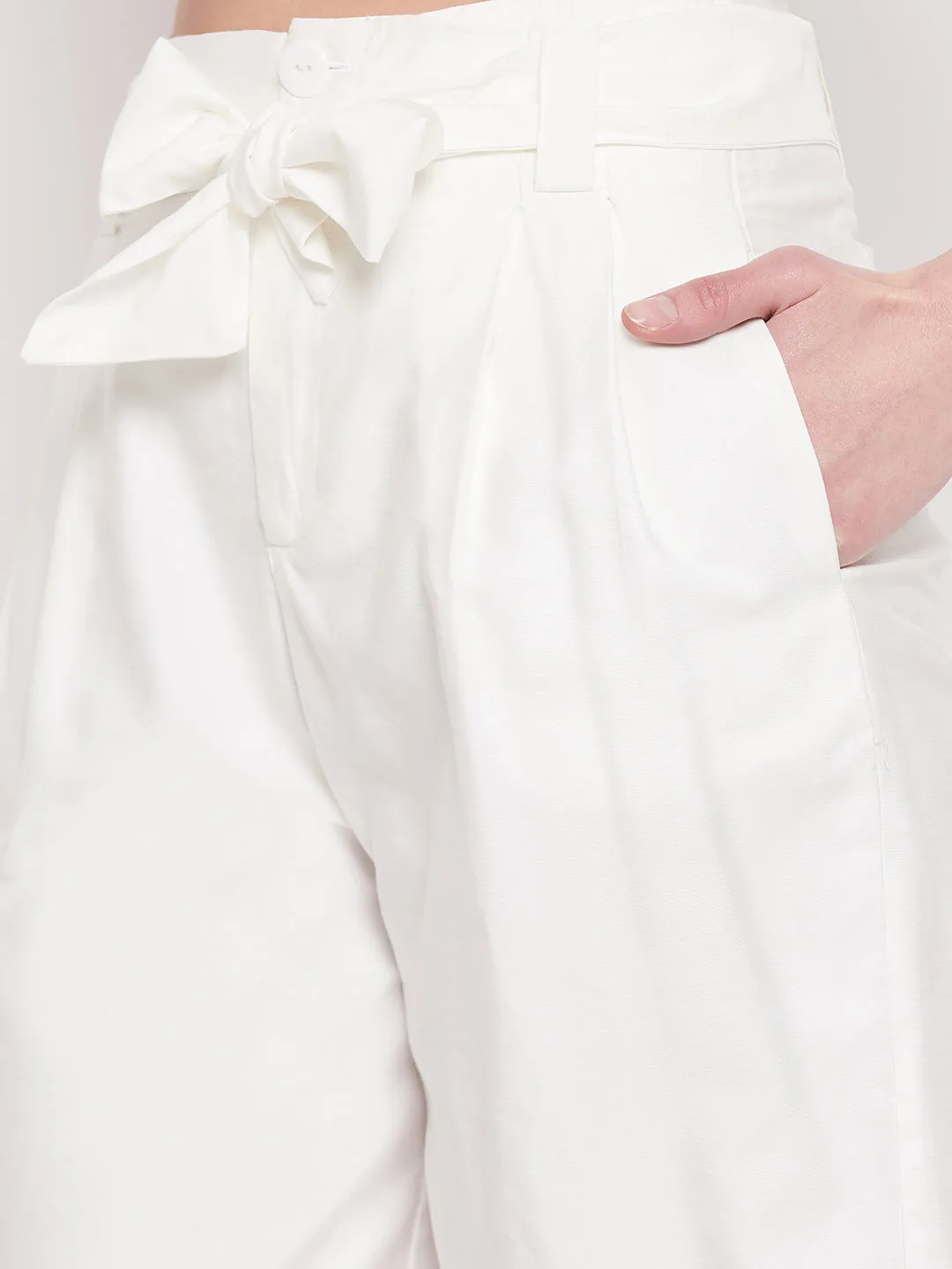 Madame Belted Solid White Shorts