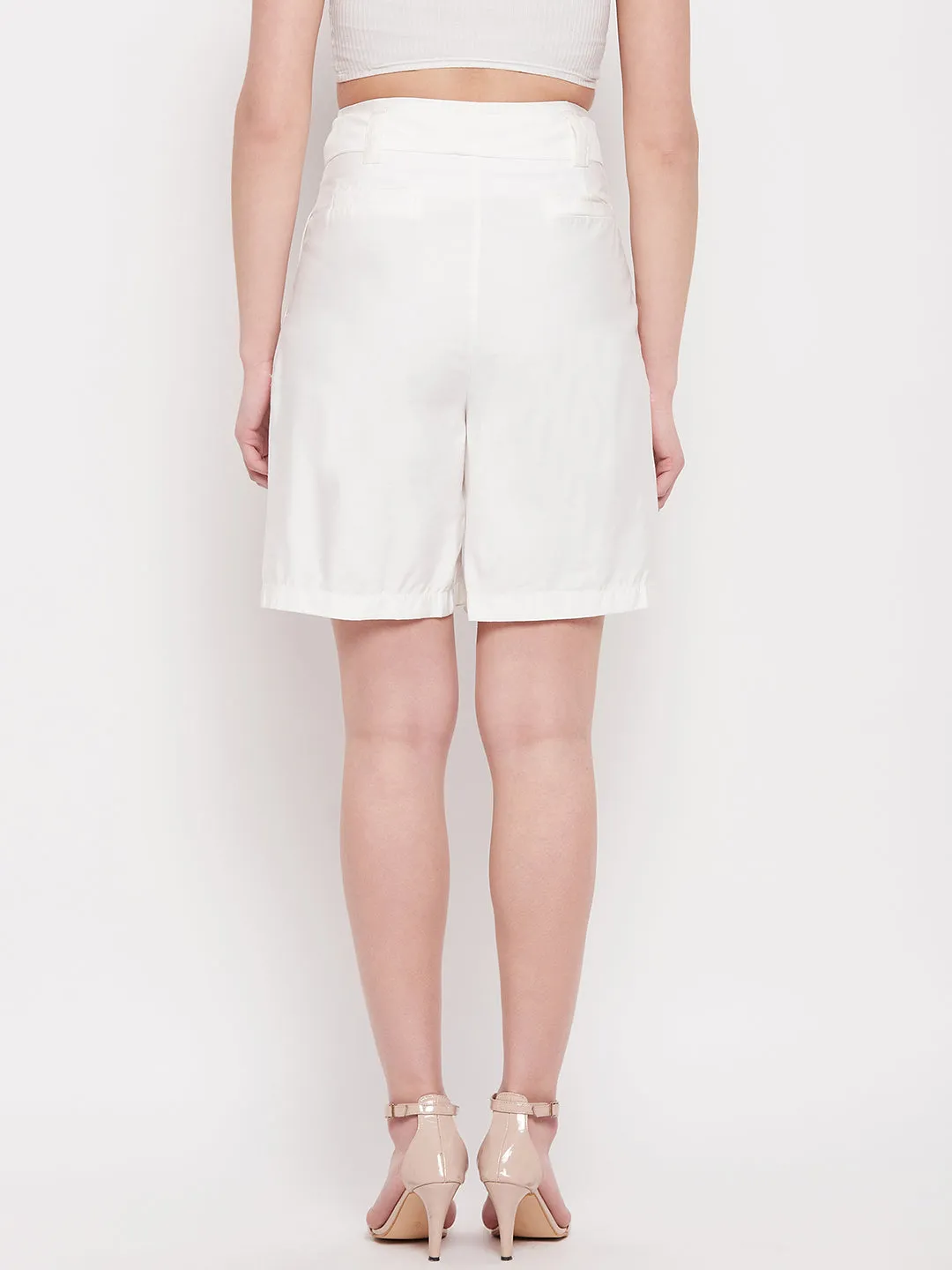 Madame Belted Solid White Shorts
