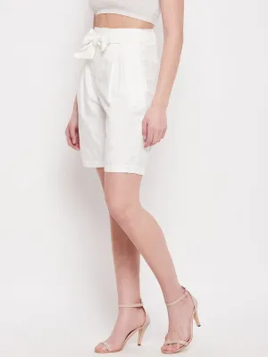 Madame Belted Solid White Shorts
