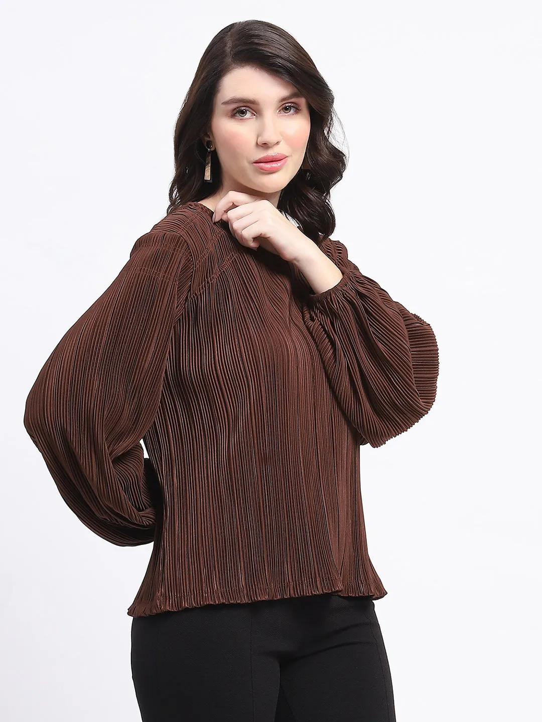 Madame Pleated Round Neck Solid Brown Top