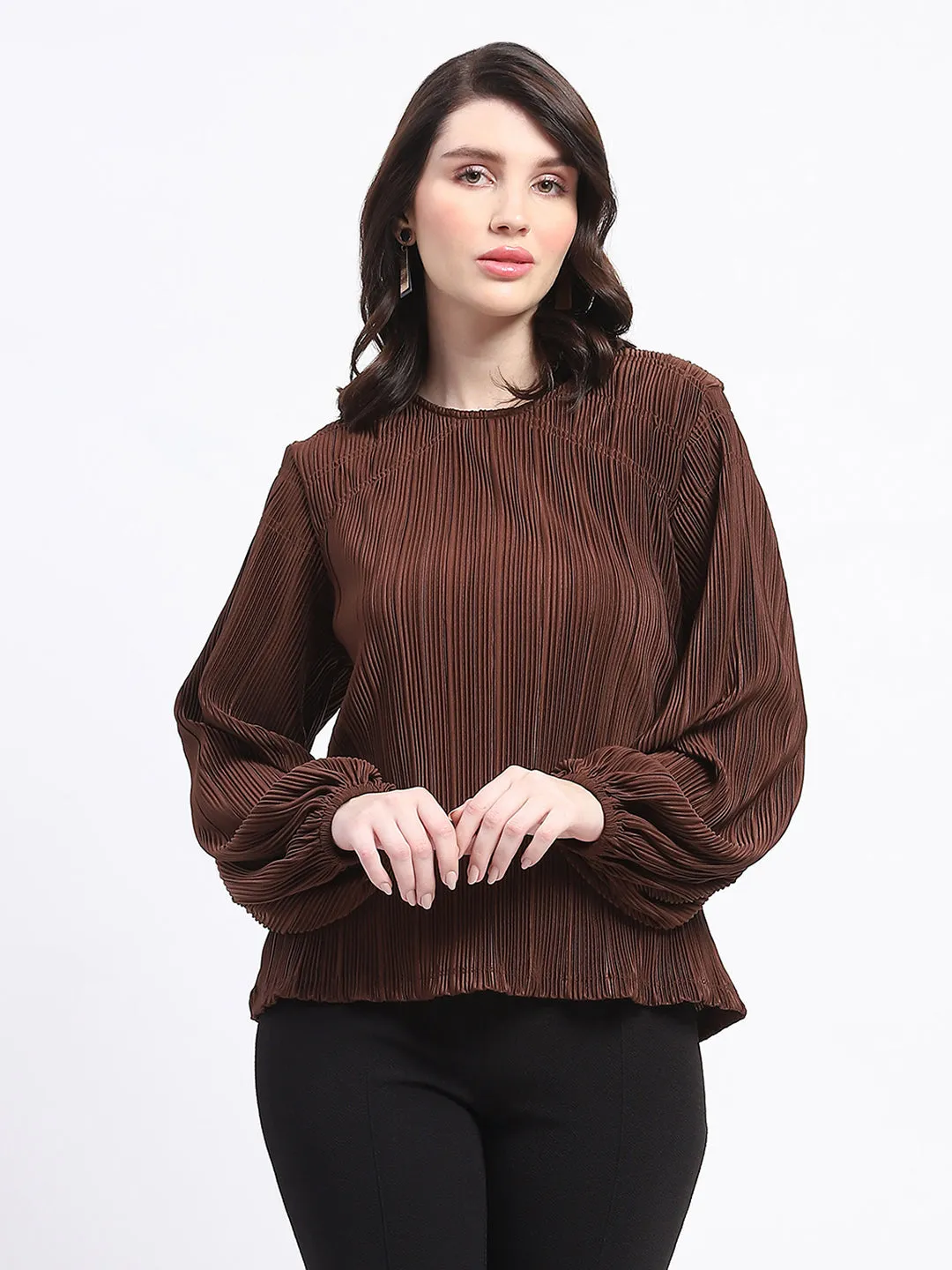Madame Pleated Round Neck Solid Brown Top