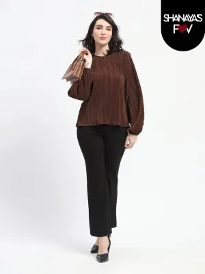 Madame Pleated Round Neck Solid Brown Top