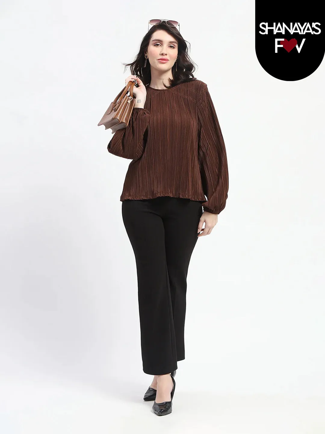 Madame Pleated Round Neck Solid Brown Top
