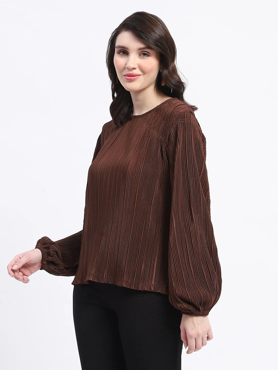 Madame Pleated Round Neck Solid Brown Top