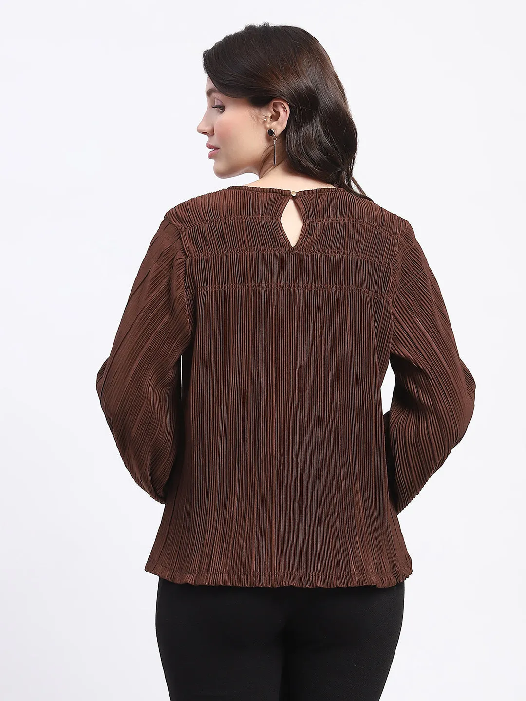 Madame Pleated Round Neck Solid Brown Top