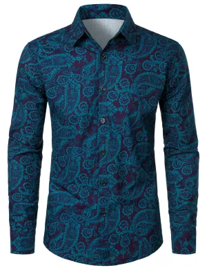Men's Paisley Print Cotton Casual Button Up Long Sleeve Shirt
