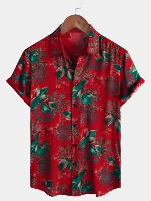 Men's Retro Red Casual Short Sleeve Button Up Summer Shirt