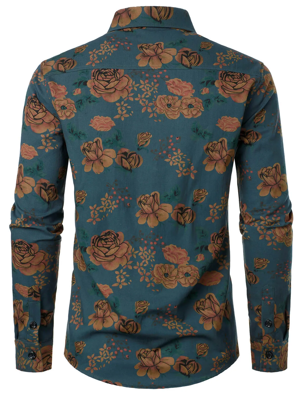 Men's Vintage Floral Blue Long Sleeve Button Up Shirt