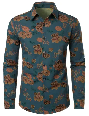 Men's Vintage Floral Blue Long Sleeve Button Up Shirt