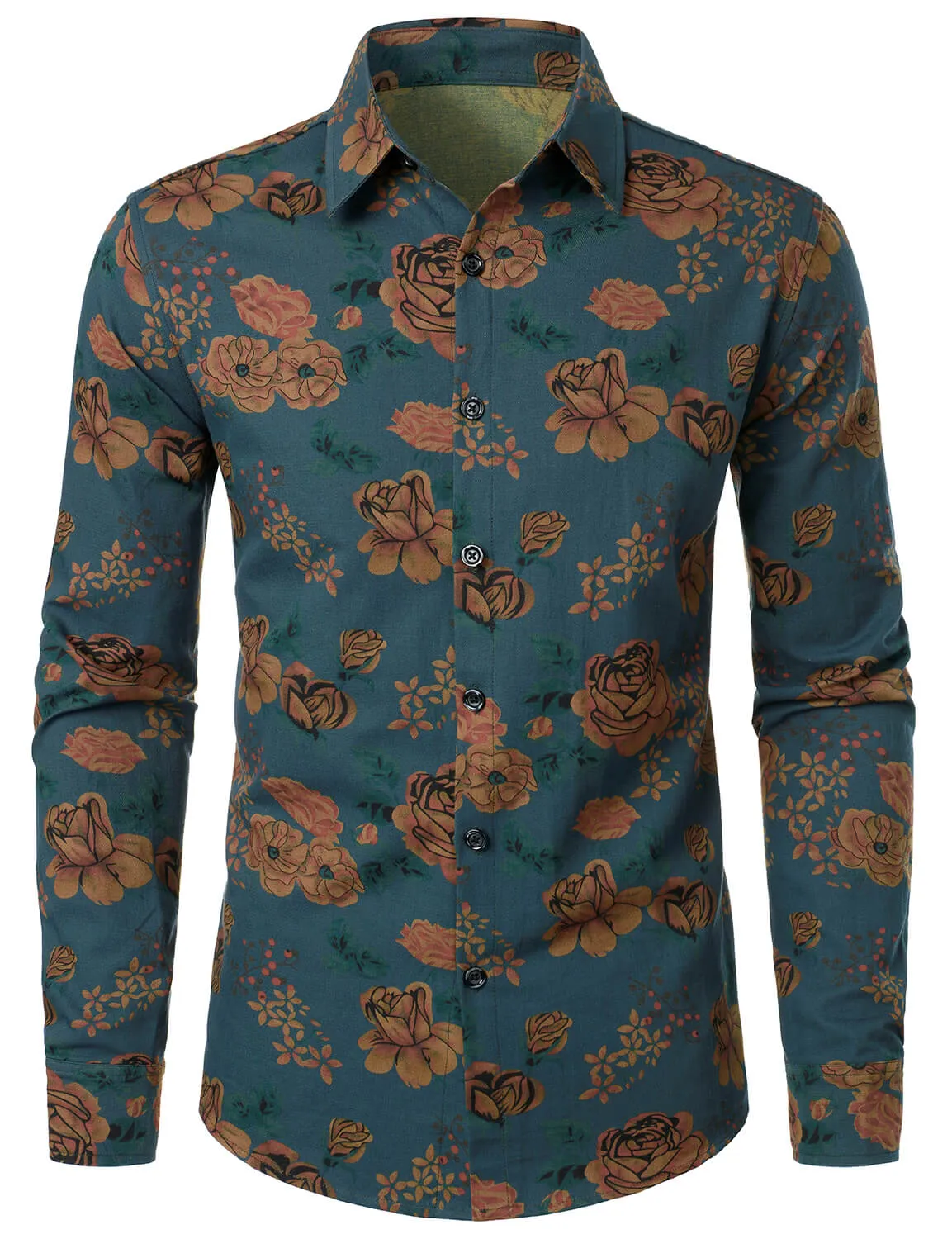 Men's Vintage Floral Blue Long Sleeve Button Up Shirt