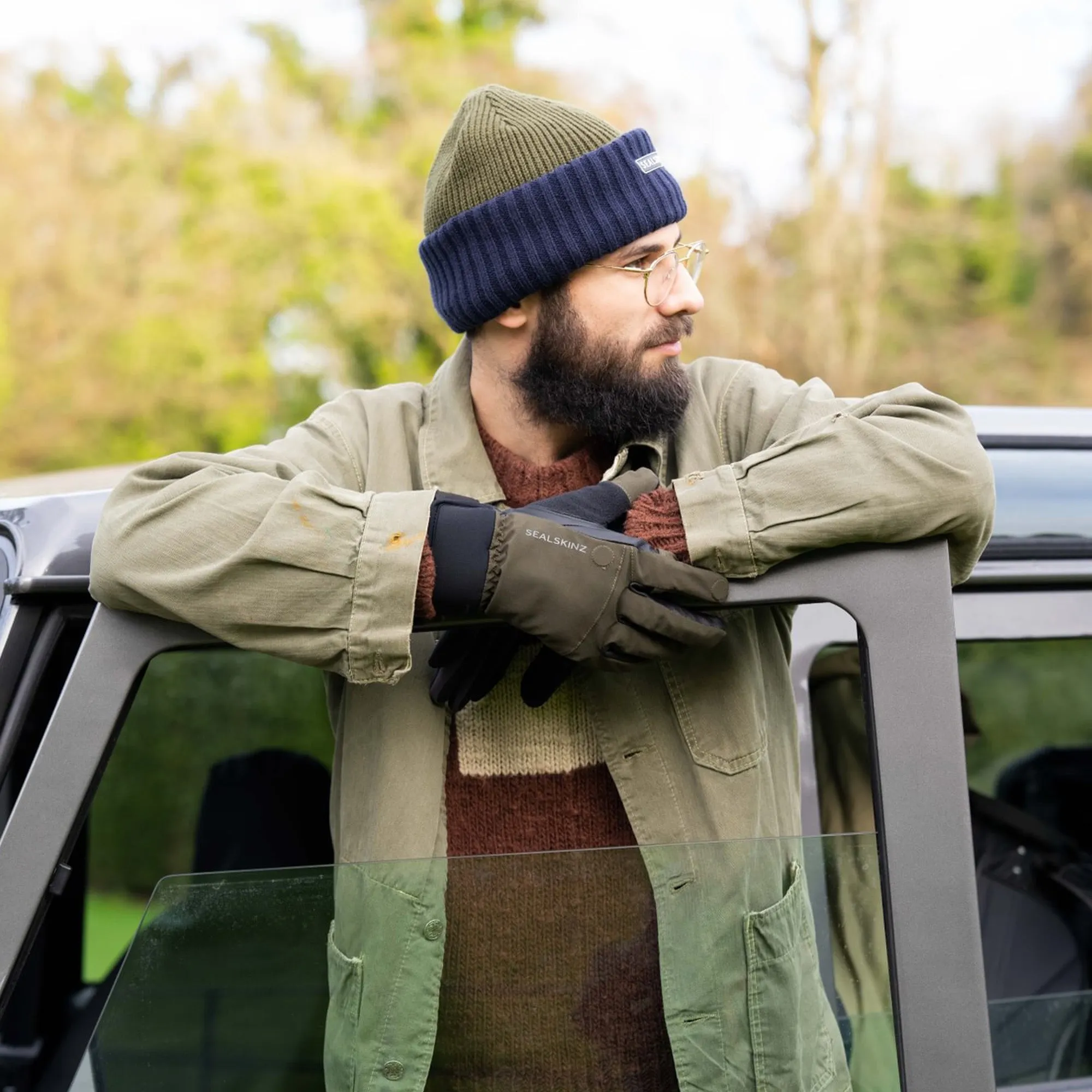 Mens Waterproof Thermal Roll Cuff Striped Beanie Hat