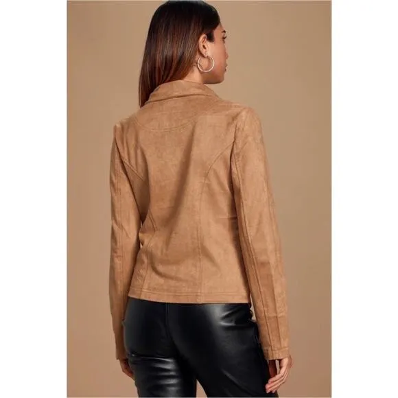 NWT Lulus Wild at Heart Vegan Suede Moto Jacket in Tan sz XS