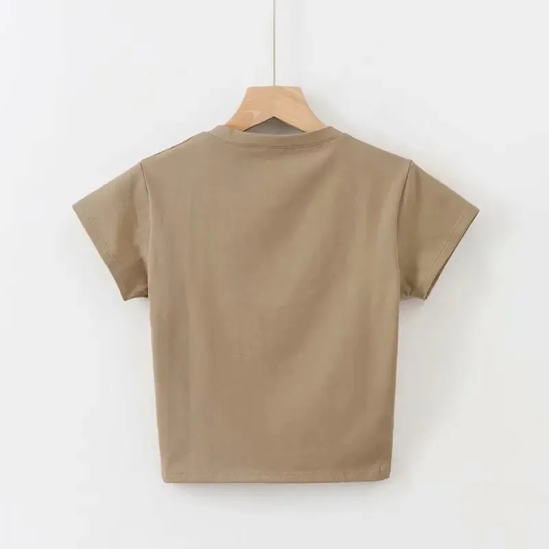 Obsidian Phoenix U-Neck Crop Top - Solid Color Women’s Casual High Waist T-Shirt for Sexy Streetwear