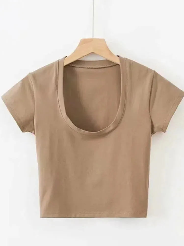 Obsidian Phoenix U-Neck Crop Top - Solid Color Women’s Casual High Waist T-Shirt for Sexy Streetwear