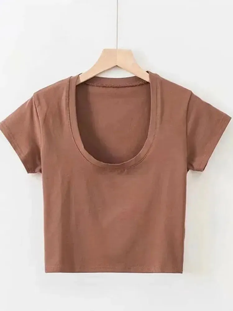Obsidian Phoenix U-Neck Crop Top - Solid Color Women’s Casual High Waist T-Shirt for Sexy Streetwear