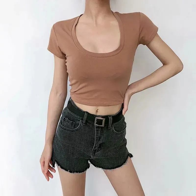 Obsidian Phoenix U-Neck Crop Top - Solid Color Women’s Casual High Waist T-Shirt for Sexy Streetwear