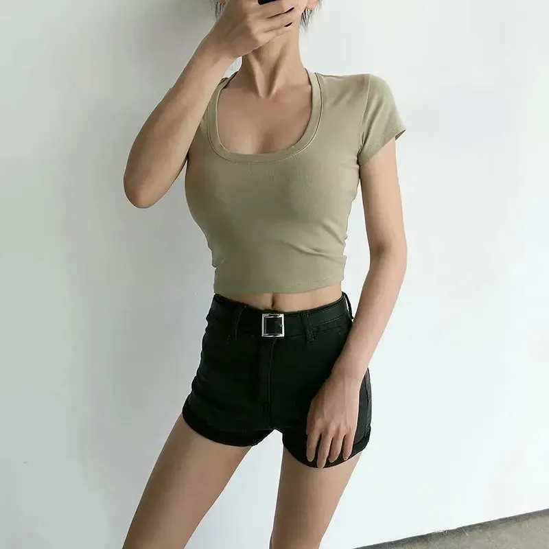 Obsidian Phoenix U-Neck Crop Top - Solid Color Women’s Casual High Waist T-Shirt for Sexy Streetwear