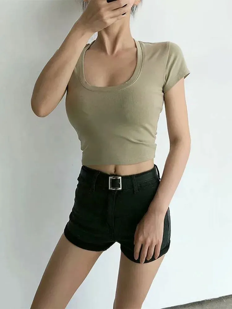 Obsidian Phoenix U-Neck Crop Top - Solid Color Women’s Casual High Waist T-Shirt for Sexy Streetwear