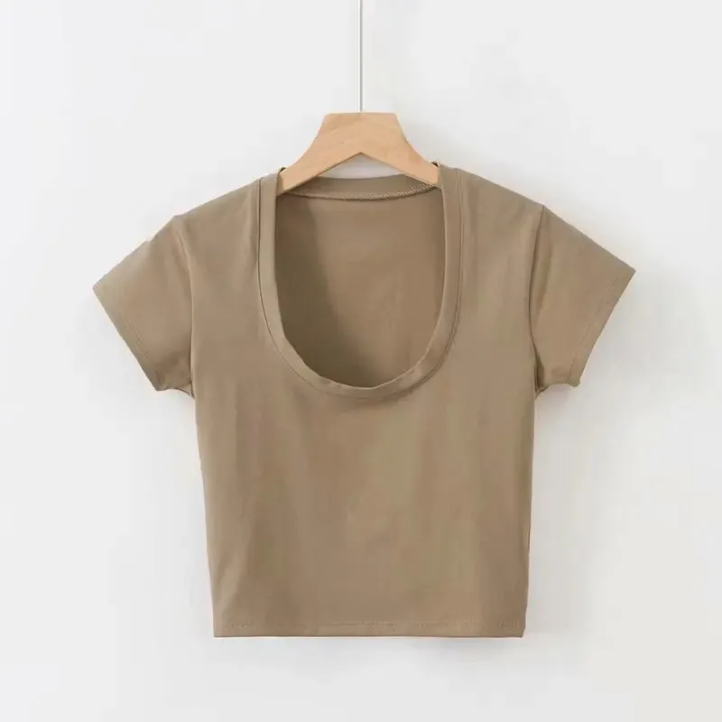 Obsidian Phoenix U-Neck Crop Top - Solid Color Women’s Casual High Waist T-Shirt for Sexy Streetwear
