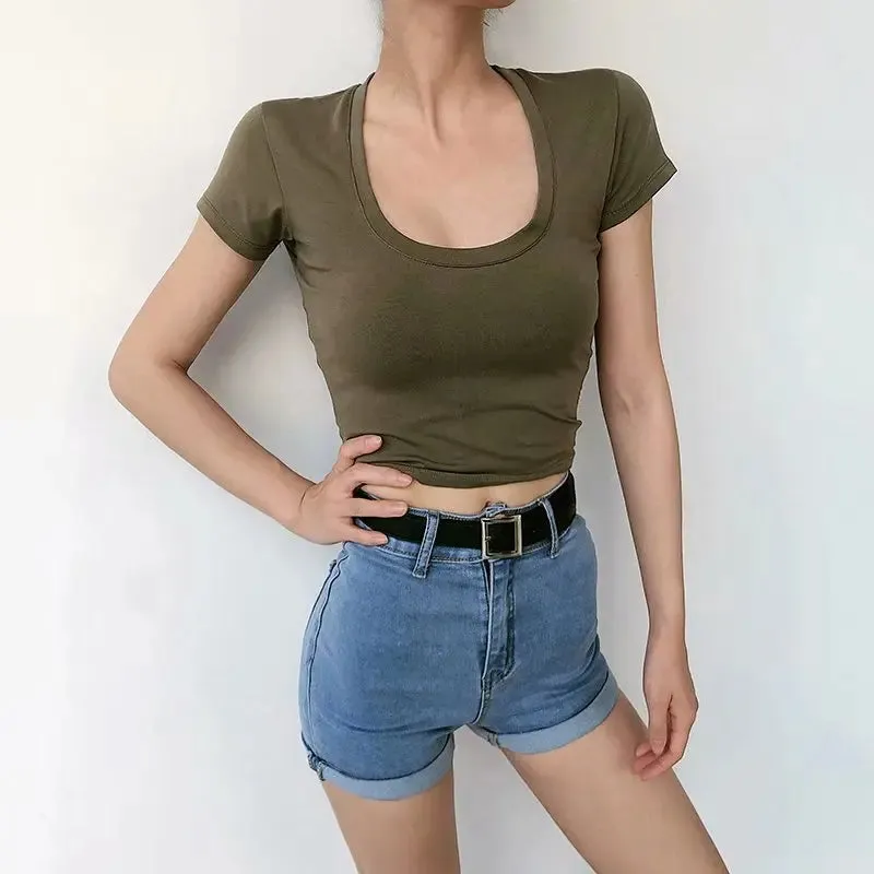 Obsidian Phoenix U-Neck Crop Top - Solid Color Women’s Casual High Waist T-Shirt for Sexy Streetwear