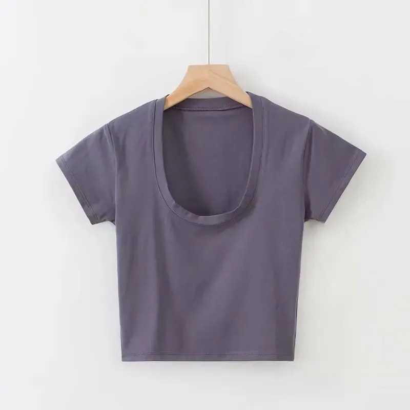 Obsidian Phoenix U-Neck Crop Top - Solid Color Women’s Casual High Waist T-Shirt for Sexy Streetwear