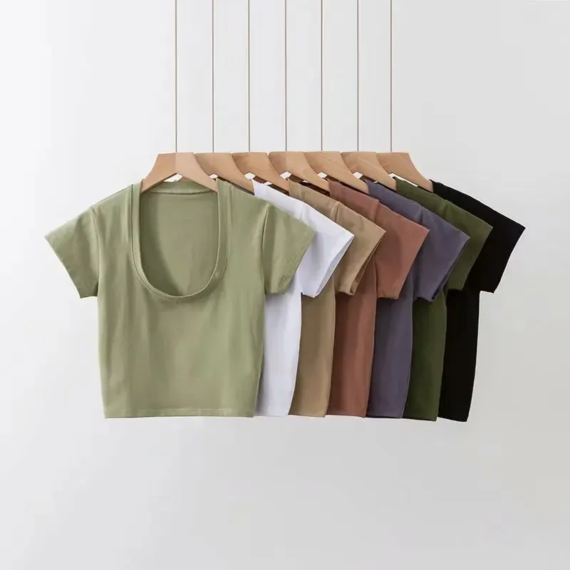 Obsidian Phoenix U-Neck Crop Top - Solid Color Women’s Casual High Waist T-Shirt for Sexy Streetwear