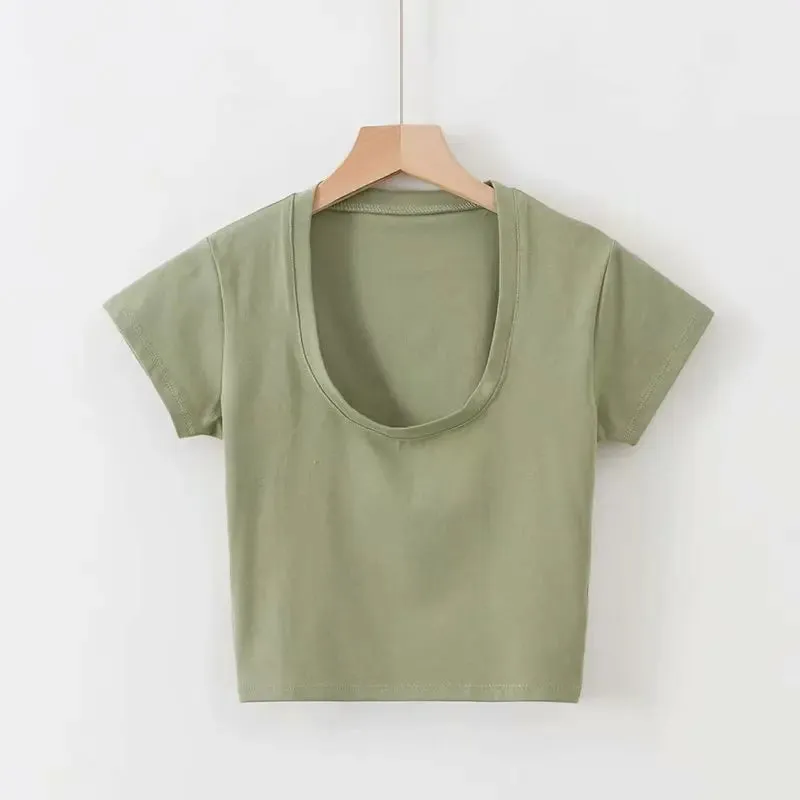 Obsidian Phoenix U-Neck Crop Top - Solid Color Women’s Casual High Waist T-Shirt for Sexy Streetwear