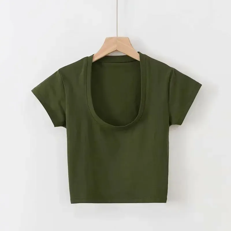 Obsidian Phoenix U-Neck Crop Top - Solid Color Women’s Casual High Waist T-Shirt for Sexy Streetwear