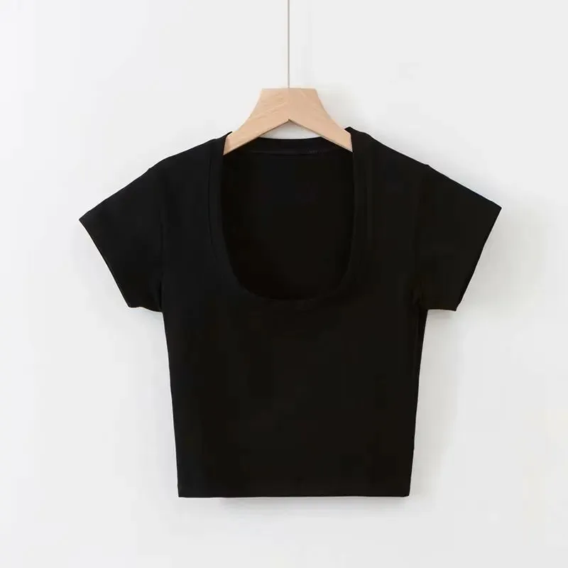 Obsidian Phoenix U-Neck Crop Top - Solid Color Women’s Casual High Waist T-Shirt for Sexy Streetwear