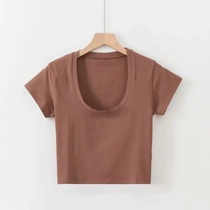 Obsidian Phoenix U-Neck Crop Top - Solid Color Women’s Casual High Waist T-Shirt for Sexy Streetwear