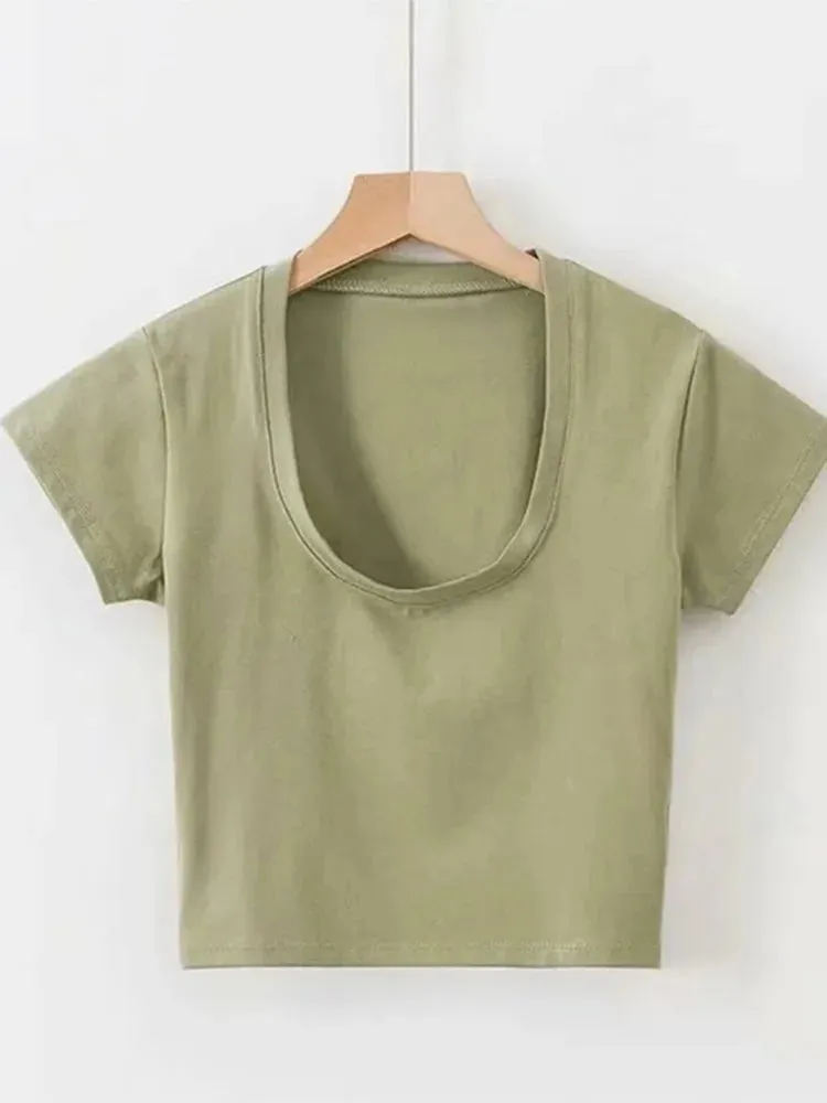 Obsidian Phoenix U-Neck Crop Top - Solid Color Women’s Casual High Waist T-Shirt for Sexy Streetwear
