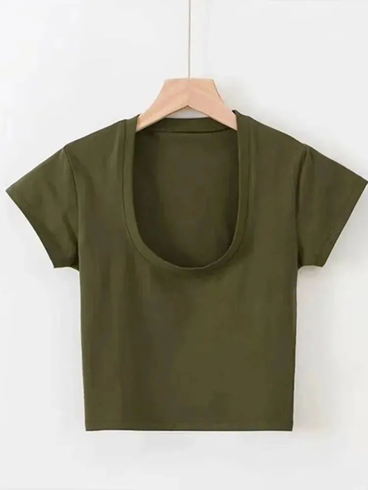 Obsidian Phoenix U-Neck Crop Top - Solid Color Women’s Casual High Waist T-Shirt for Sexy Streetwear