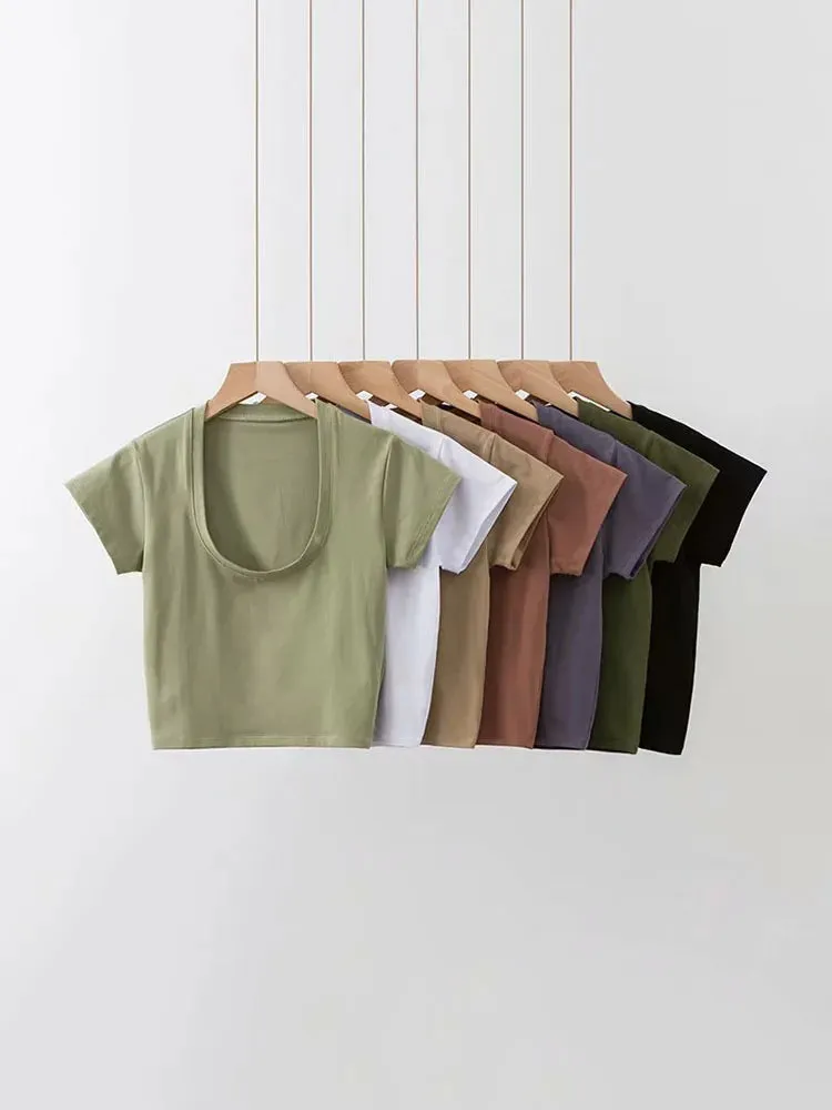 Obsidian Phoenix U-Neck Crop Top - Solid Color Women’s Casual High Waist T-Shirt for Sexy Streetwear