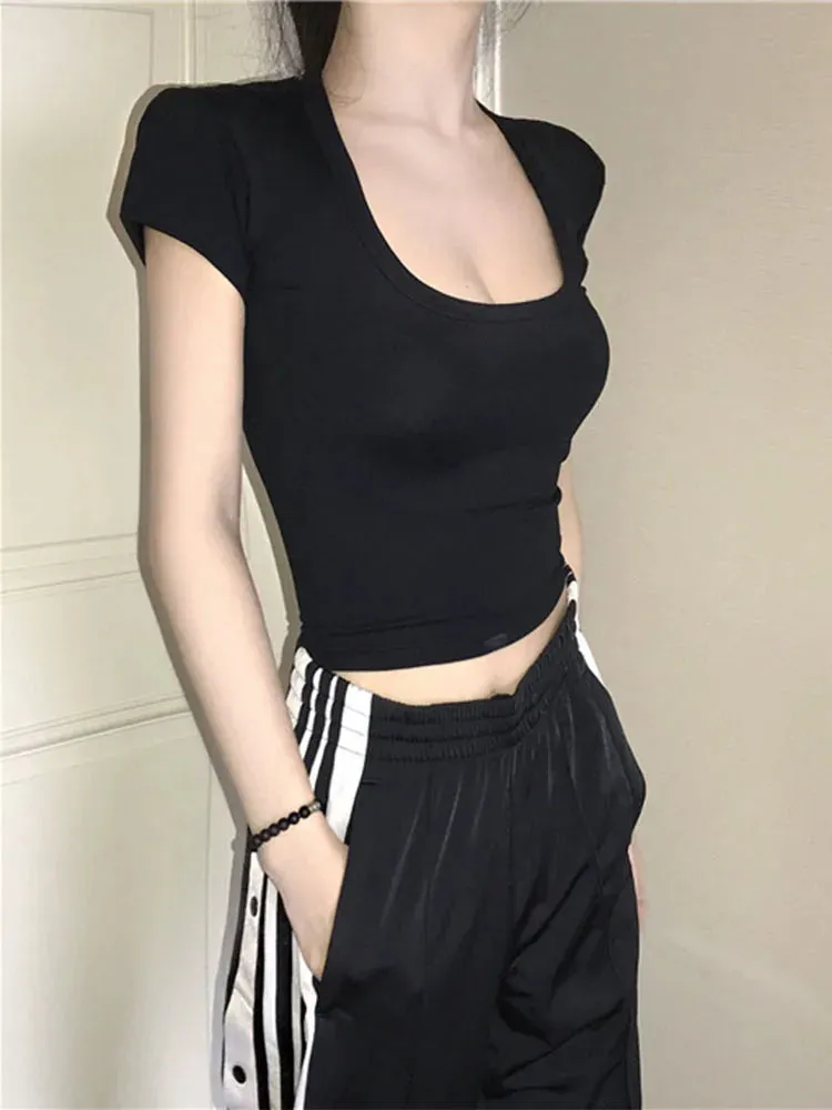 Obsidian Phoenix U-Neck Crop Top - Solid Color Women’s Casual High Waist T-Shirt for Sexy Streetwear