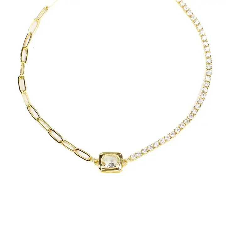 Paper Clip Crystal Tennis Necklace 18K Gold