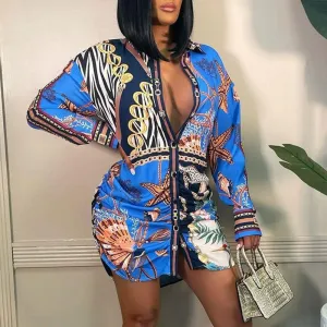 Print Long Sleeve Button Detailed Shirt Dress