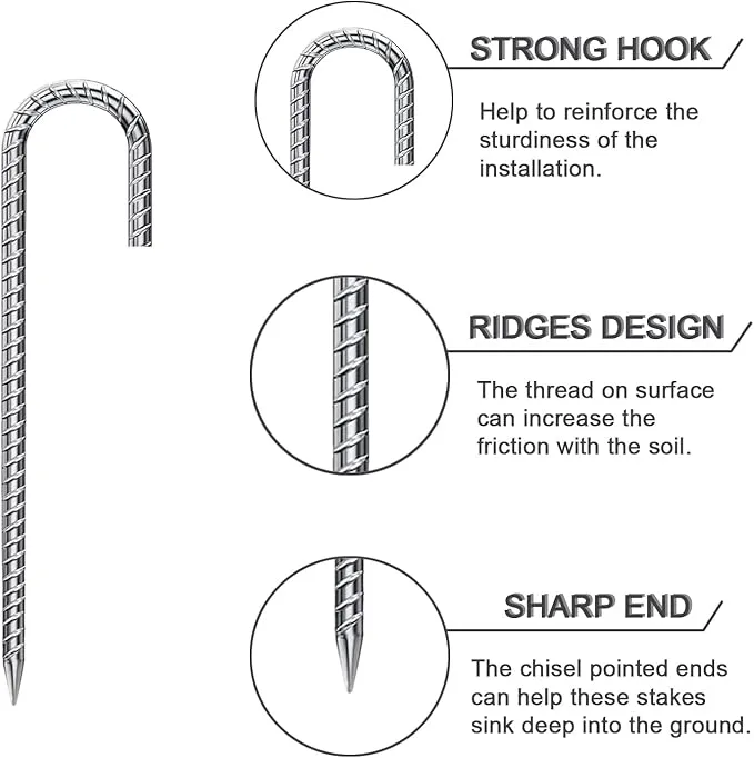 Rebar Stakes 12 Inch 16 Pack Tent Stakes Heavy Duty Metal J Hook, Fence Stakes for Trampoline, Fence, Camping Tent (16, 12")