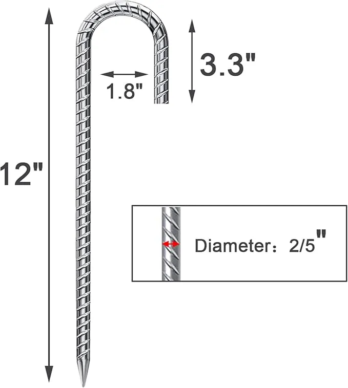 Rebar Stakes 12 Inch 16 Pack Tent Stakes Heavy Duty Metal J Hook, Fence Stakes for Trampoline, Fence, Camping Tent (16, 12")