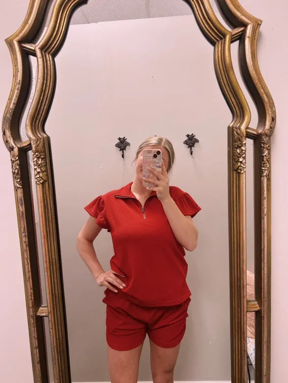 Red Quarter Zip with Flutter Sleeves