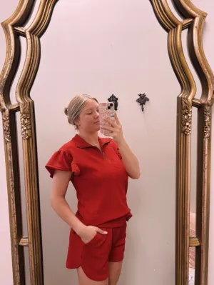 Red Quarter Zip with Flutter Sleeves