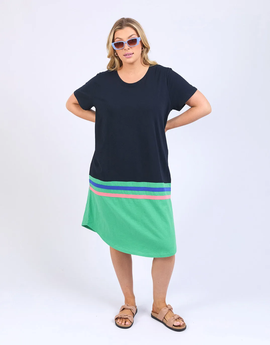 Rhea Tee Dress - Navy & Green Colour Block