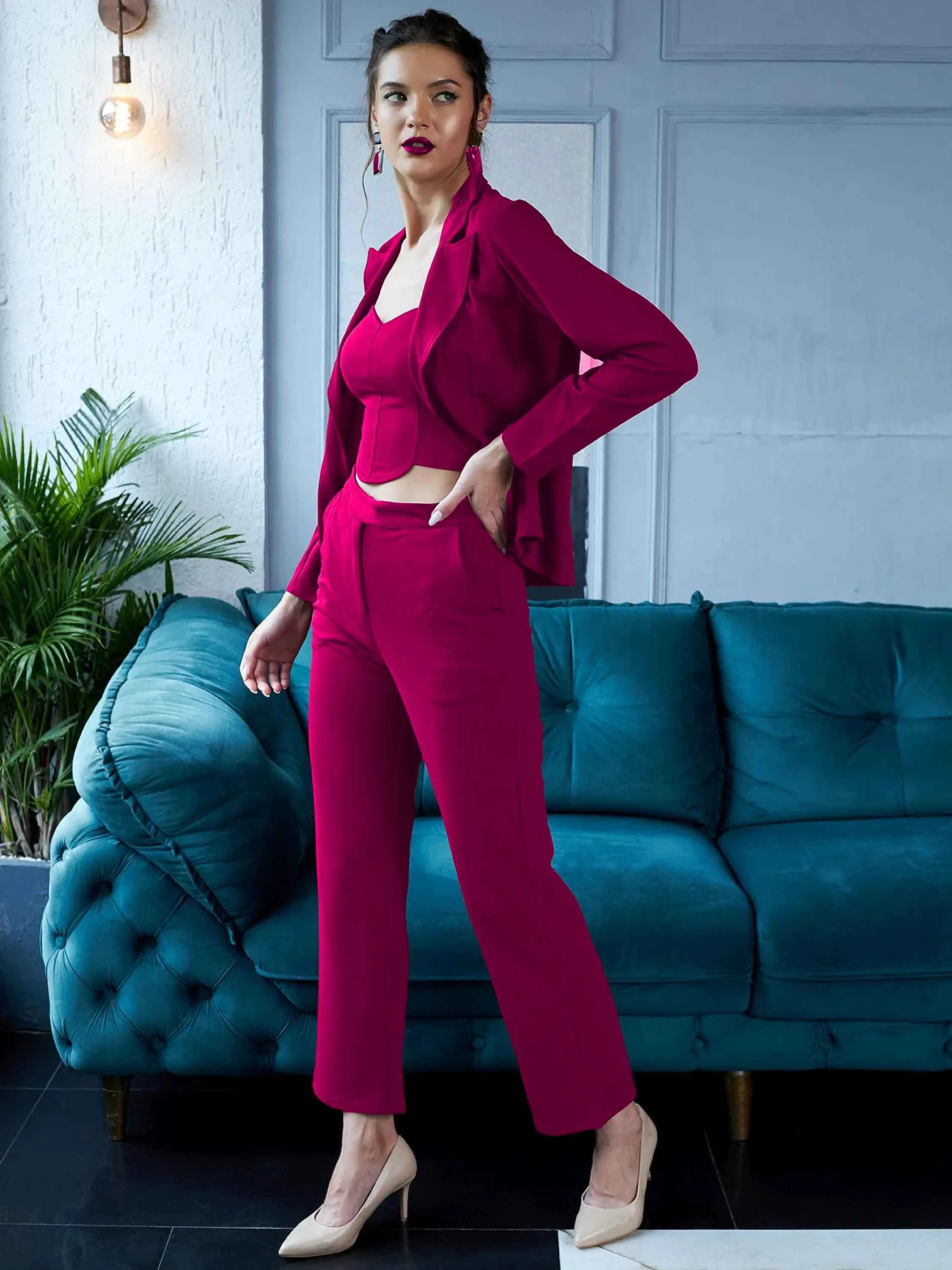 Rheycart Women's Cotton Lycra Solid Semi Sweetheart Full Sleeve Pink Co Ord Set For Women