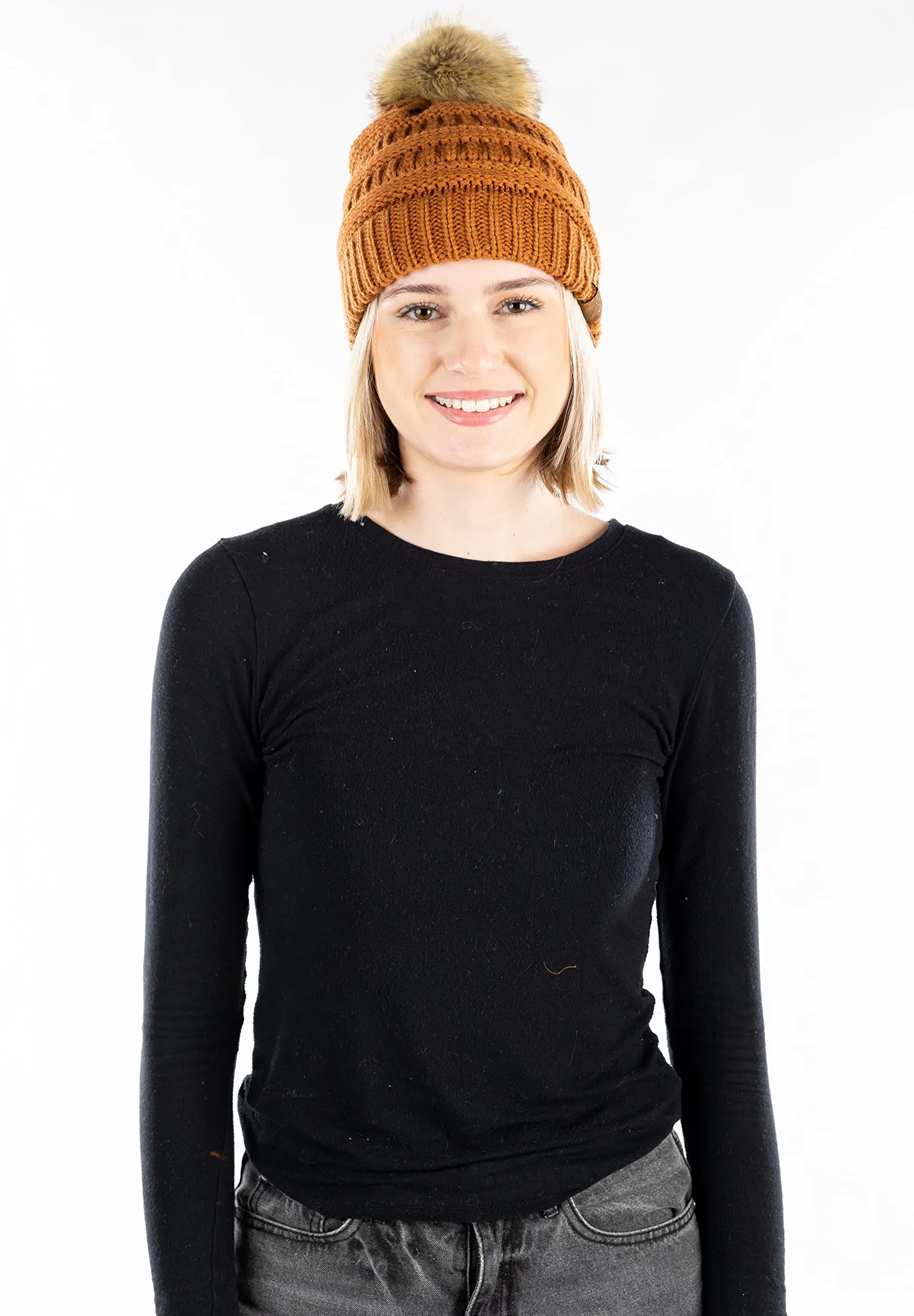 Ribbed Cable Knit Natural Faux Fur Pom Beanie
