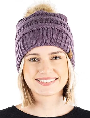 Ribbed Cable Knit Natural Faux Fur Pom Beanie