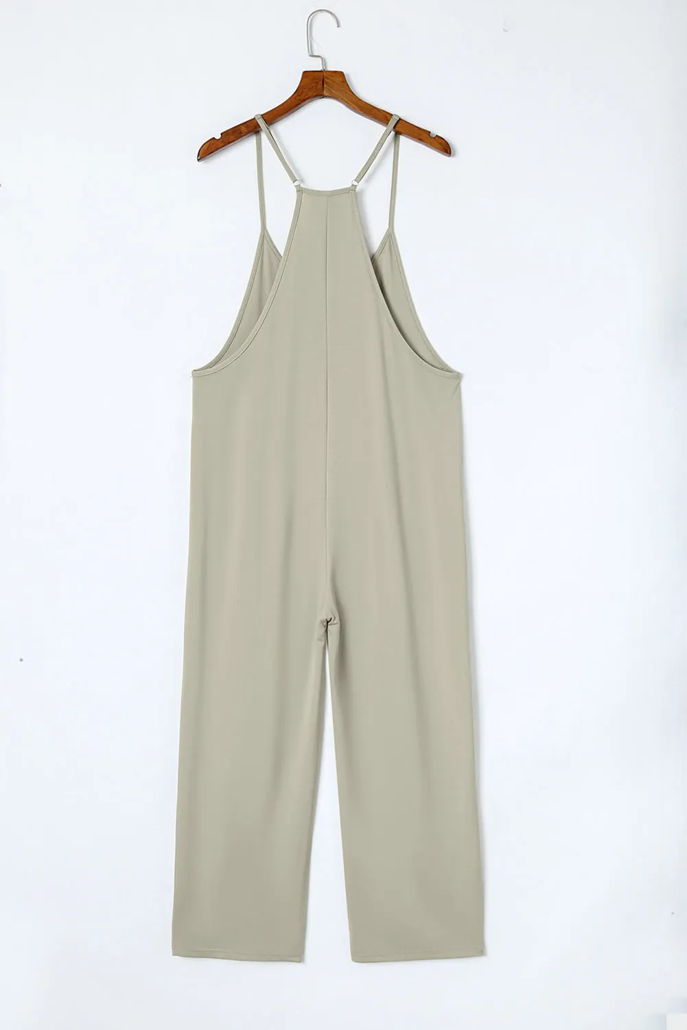 Rose Red Black Pocketed Adjustable Spaghetti Strap Straight Leg Jumpsuit