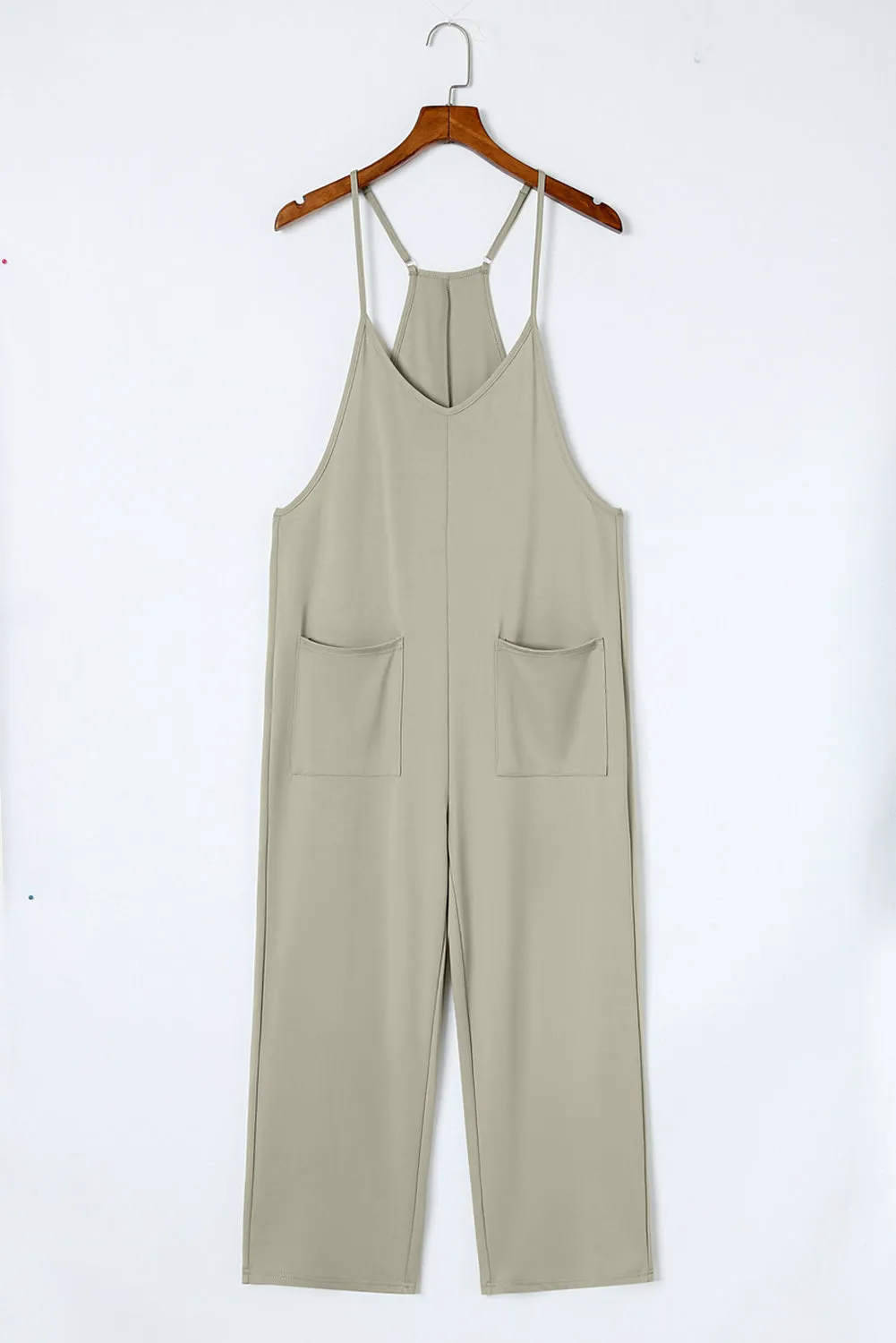 Rose Red Black Pocketed Adjustable Spaghetti Strap Straight Leg Jumpsuit