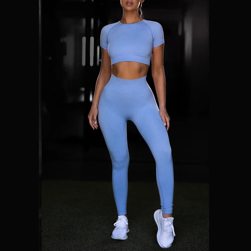 Seamless Yoga Sport Set Fitness Women Running Leggings Short Sleeve Tops trendy